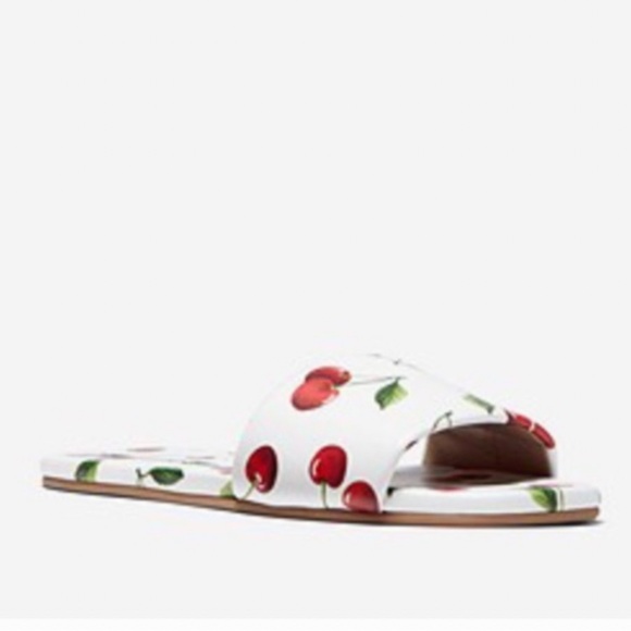 MICHAEL KORS COLLECTION DELPHINE RUNWAY PRINTED LEATHER SLIDES IN CHERRY US 8 - Picture 5 of 14